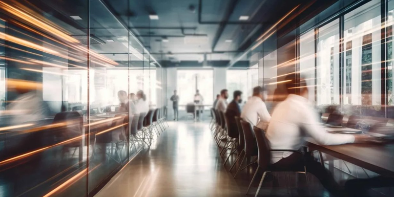 Modern office with motion blur representing speed and innovation